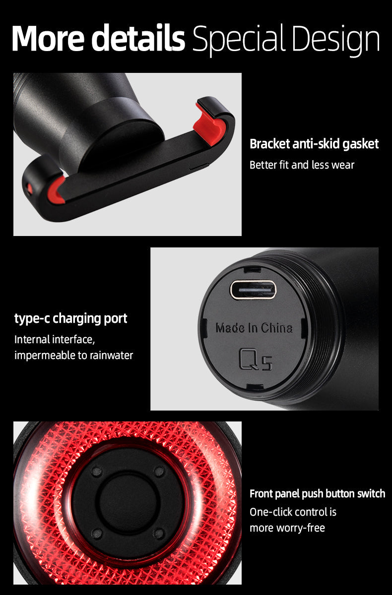 ROCKBROS Q5 Smart Brake & Tail Light - USB Rechargeable, Waterproof