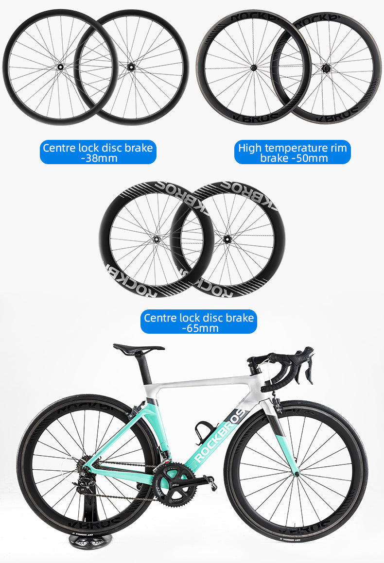 ROCKBROS Road Bike Carbon Fiber Wheels 700C Carbon Fiber Disc Brake 65mm Wheelsets Clincher