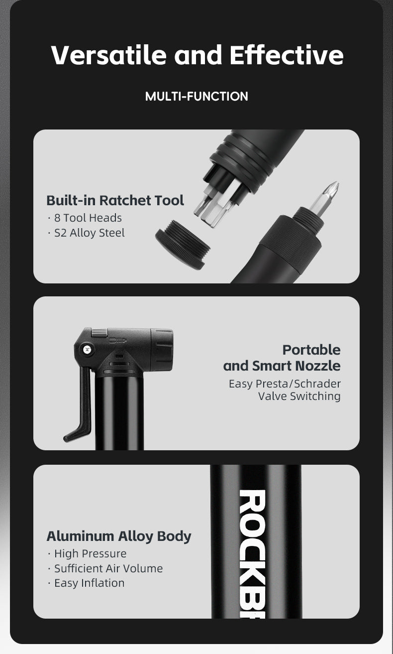 ROCKBROS Bicycle Tire Pump 120PSI MTB Bike Air Inflator Built-in Ratchet Tool