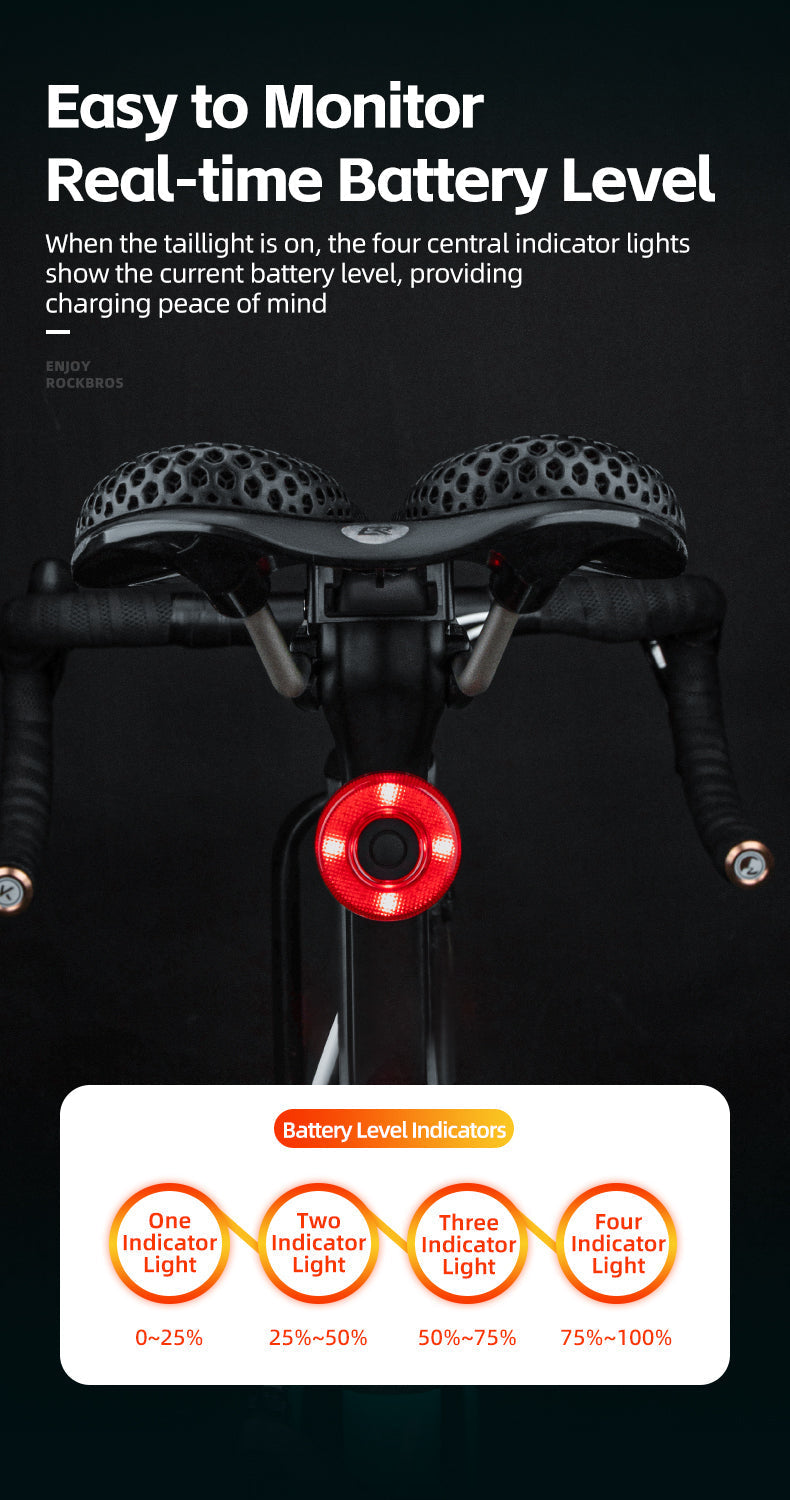 ROCKBROS Upgraded Smart Bicycle Brake Light USB-C Rechargeable IPX7 Waterproof Cycling Rear Light