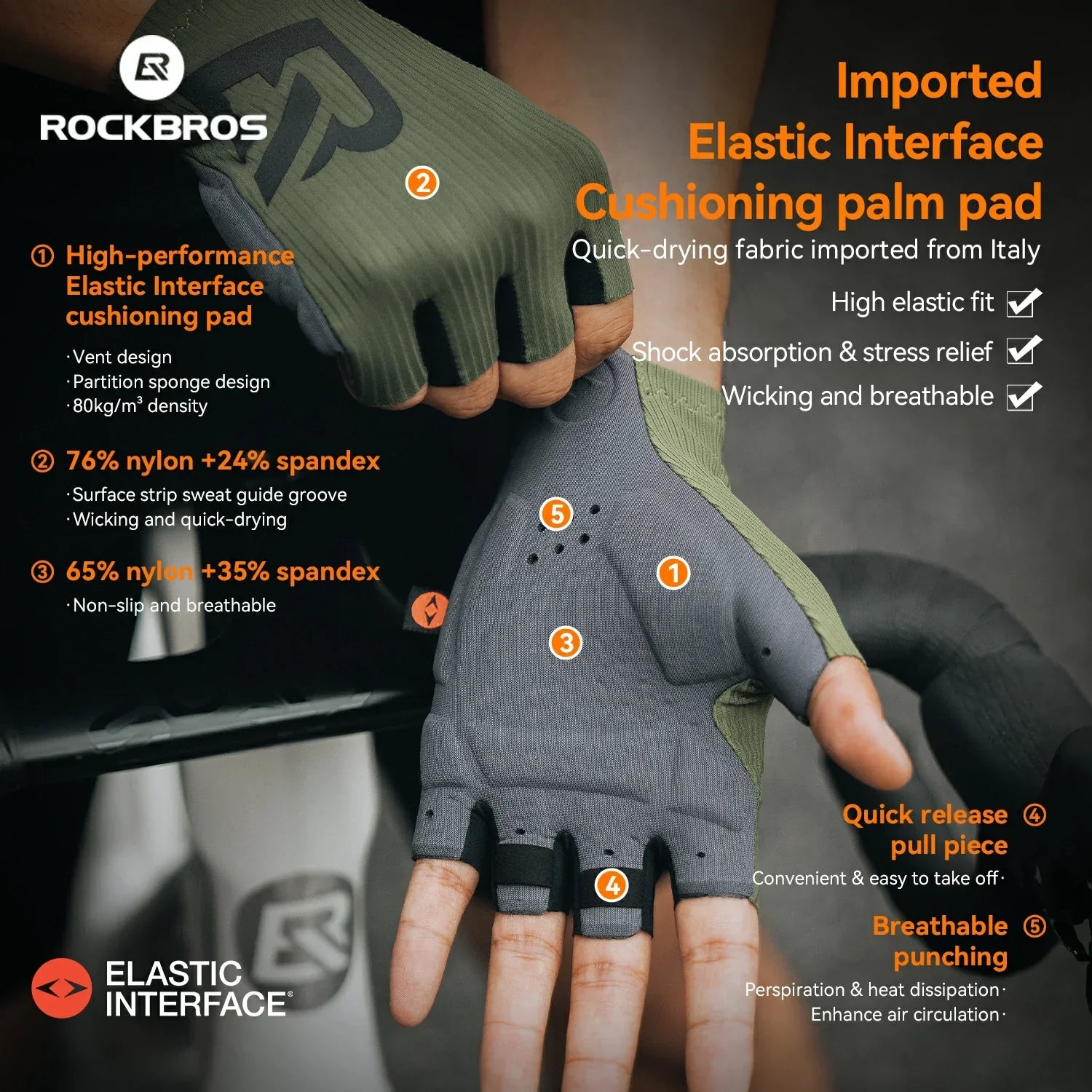 ROCKBROS Elastic Interface® Half-Finger Gel Padded Cycling Bike Gloves