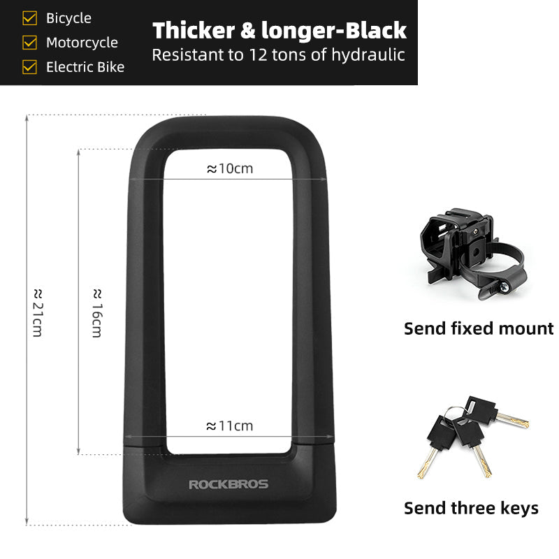 ROCKBROS Motorcycle Bicycle U-Lock Anti-Theft Thickened MTB Bike Lock Alloy Steel 3 Keys
