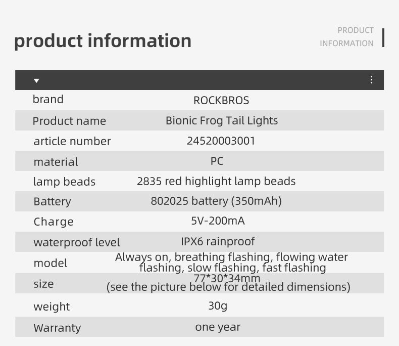 ROCKBROS Frog Style Bike Tail Light