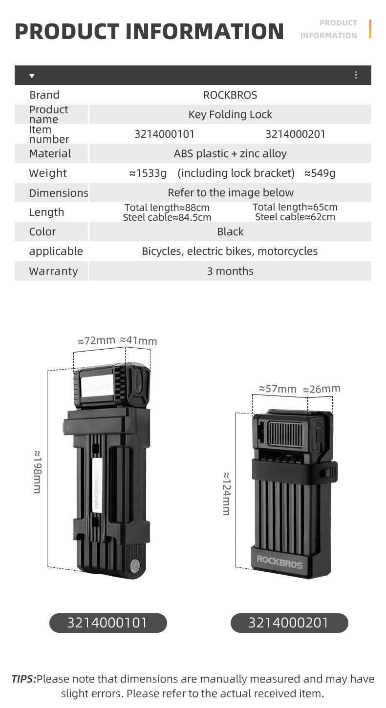 ROCKBROS MTB Road Bike Lock Key Folding Lock E-Bike Motorcycle Steel Lock Portable Antirust Anti-theft