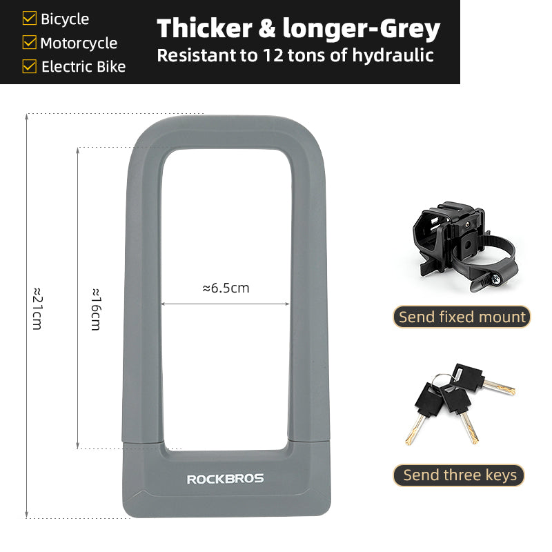ROCKBROS Motorcycle Bicycle U-Lock Anti-Theft Thickened MTB Bike Lock Alloy Steel 3 Keys