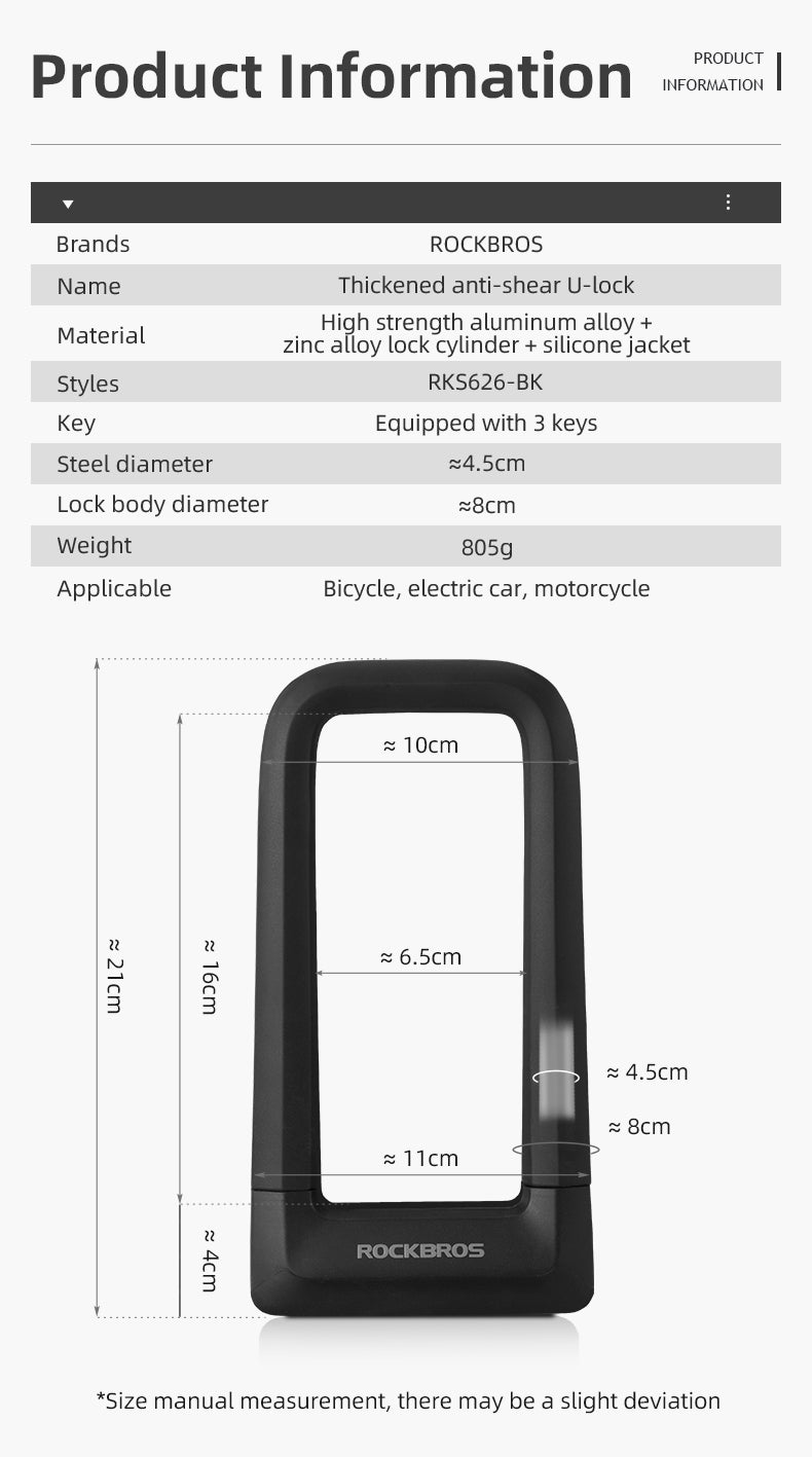 ROCKBROS Motorcycle Bicycle U-Lock Anti-Theft Thickened MTB Bike Lock Alloy Steel 3 Keys