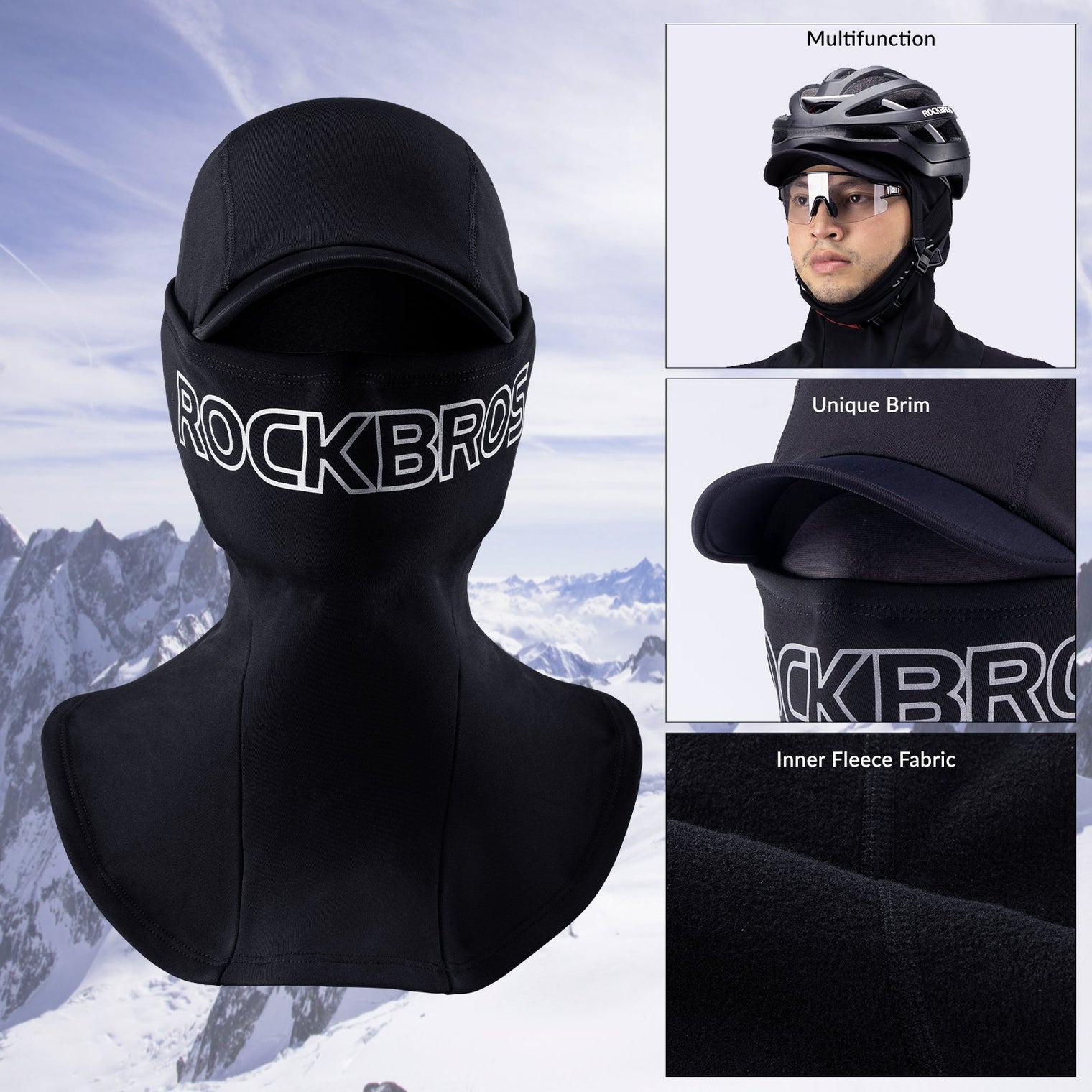 ROCKBROS Thermal Black Ski Mask with Brim Windproof Winter Balaclava for Men