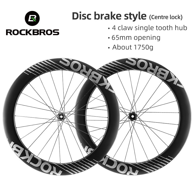 ROCKBROS Road Bike Carbon Fiber Wheels 700C Carbon Fiber Disc Brake 65mm Wheelsets Clincher