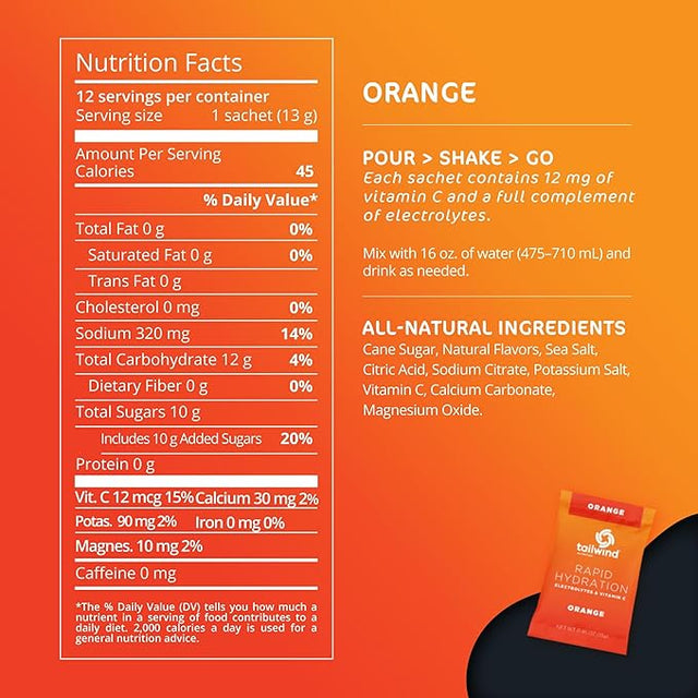 Tailwind Nutrition Rapid Hydration, Electrolyte & Hydration Powder, Vitamin C & Sea Salt Exercise Workout Mix, Orange, Pack of 12 Sticks