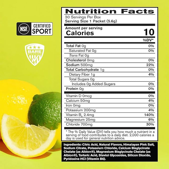 BARE PERFORMANCE NUTRITION BPN Electrolytes Go Packs Hydration Drink Mix | Sugar Free Electrolyte Powder | 500mg Sodium per Serving | Naturally Sweetened | Lemon Lime, 30 Servings