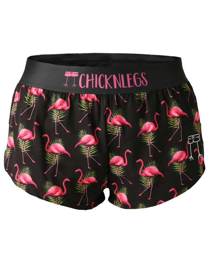 Women's Flamingos 1.5" Split Shorts (Black with Pink)