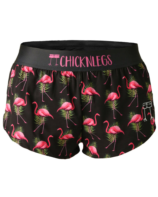 Women's Flamingos 1.5" Split Shorts (Black with Pink)