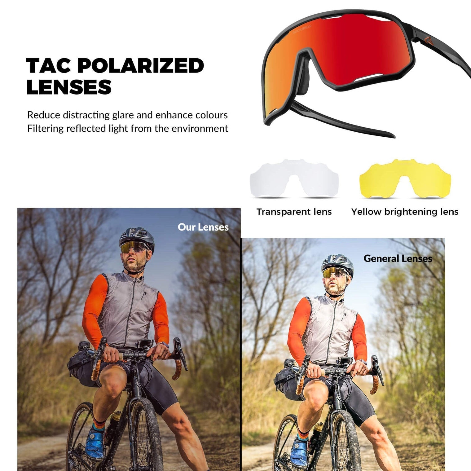 ROCKBROS Polarized Sunglasses UV400 Transparent Cycling Glasses Windproof TR90 Frame