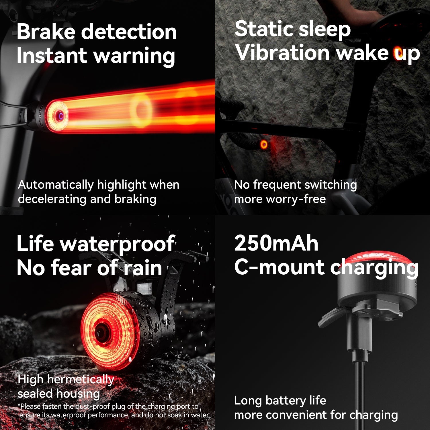 ROCKBROS R0 Smart Brake-Sensing Waterproof Tail Handle Plug Light Auto Sync