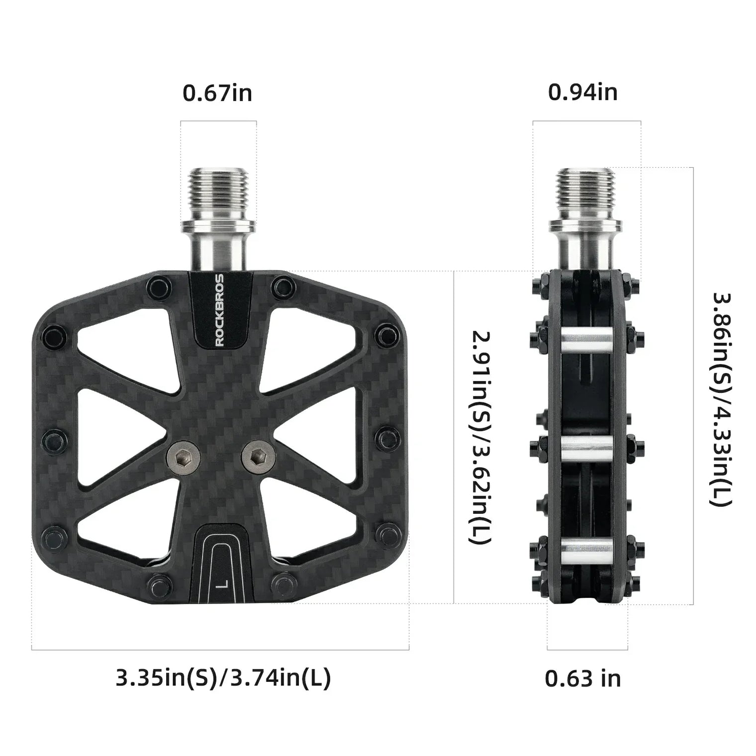 ROCKBROS Carbon Fiber Bike Pedals Lightweight 3-Bearing Non-Slip 9/16" Wide Flat