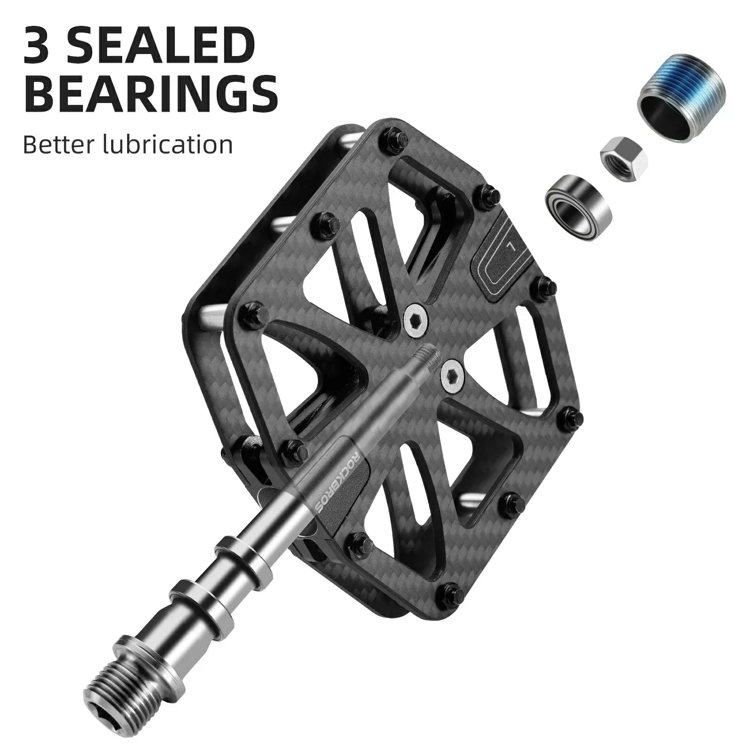 ROCKBROS Carbon Fiber Bike Pedals Lightweight 3-Bearing Non-Slip 9/16" Wide Flat