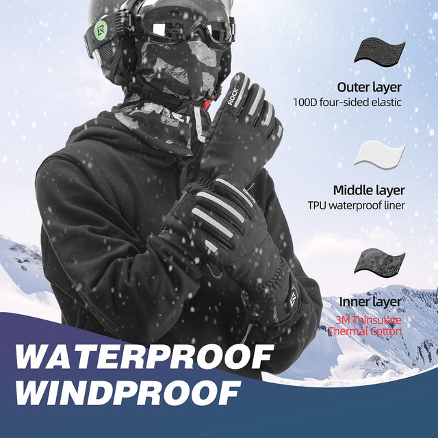 ROCKBROS Winter Ski Gloves Waterproof 3M Thinsulate Touch Screen Thermal Gloves for Men Women