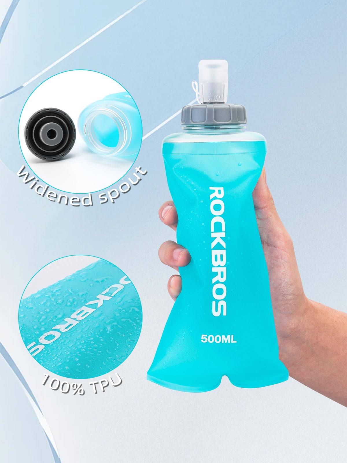 ROCKBROS 500ml Collapsible Soft Flask Flexible Water Bottle for Running, Hiking, Cycling Skiing