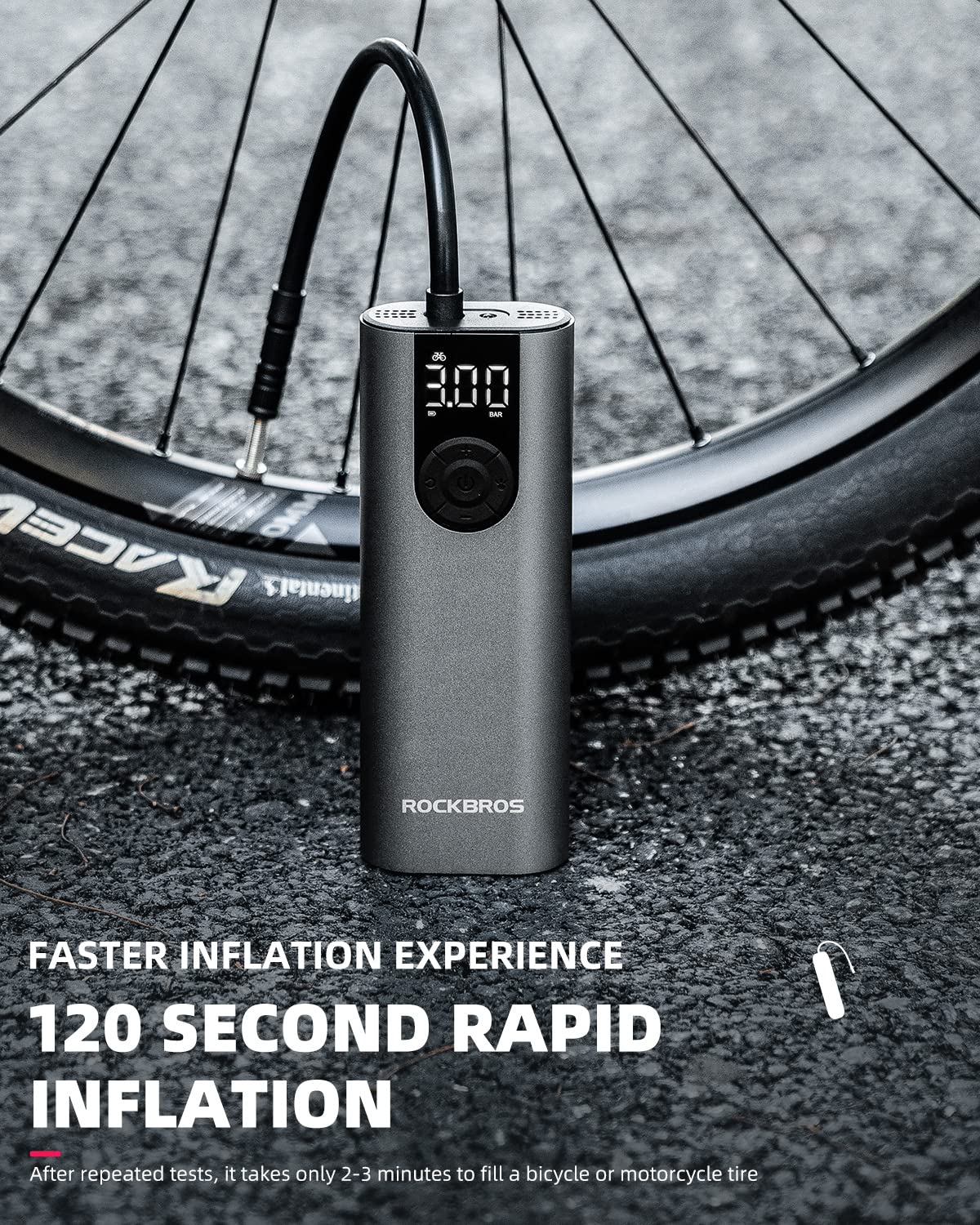 ROCKBROS A8 Electric Bike Pump 150 Psi Inflator Portable Air Compressor 2*2600 mAh