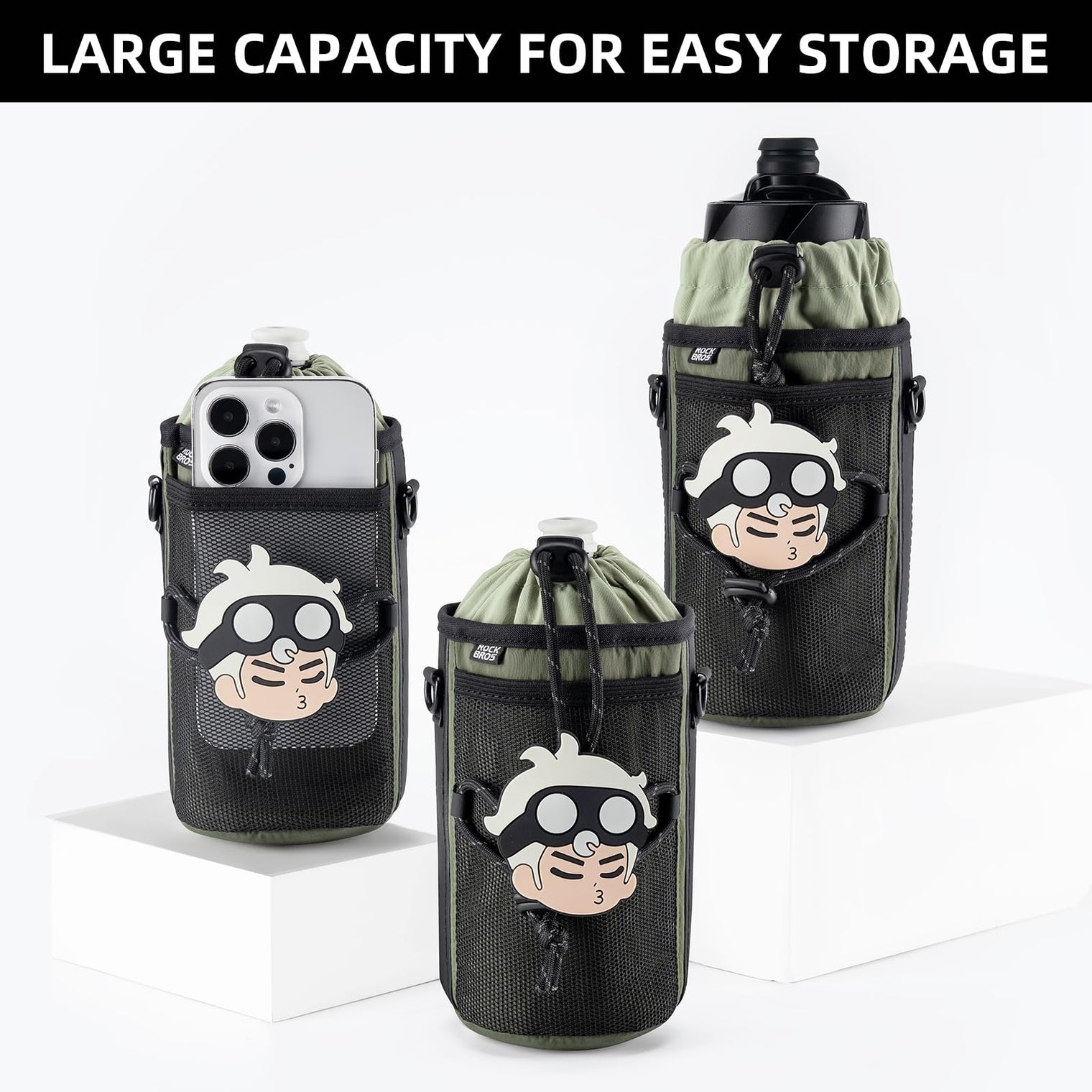 ROCKBROS Bike Water Bottle Holder with Mesh Pockets for Kids Adults