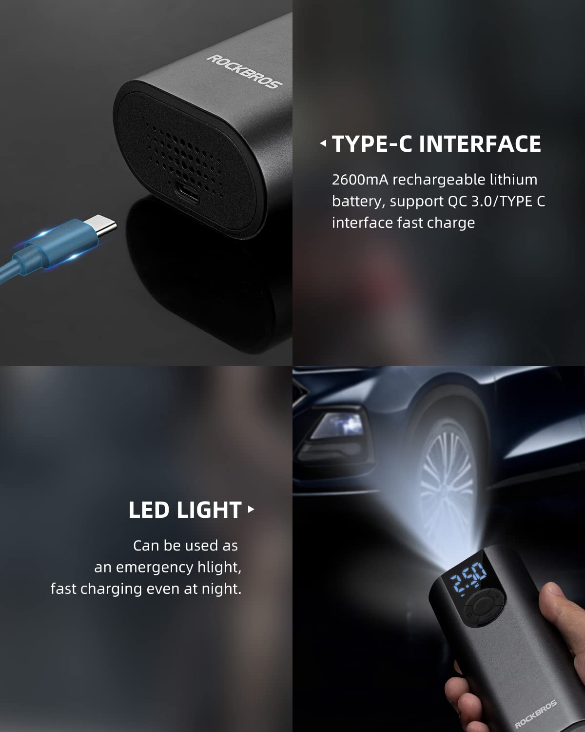 ROCKBROS A8 Electric Bike Pump 150 Psi Inflator Portable Air Compressor 2*2600 mAh