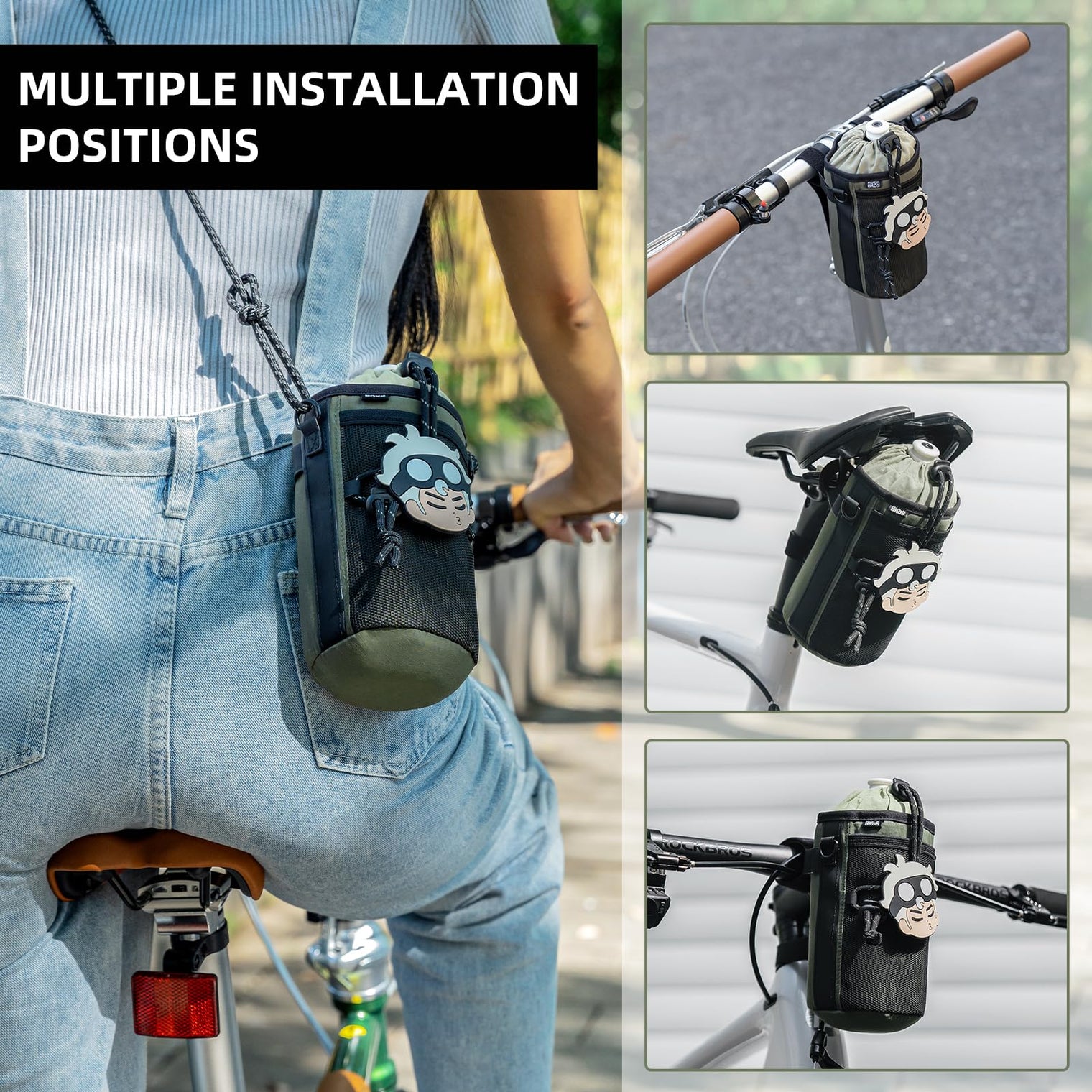 ROCKBROS Bike Water Bottle Holder with Mesh Pockets for Kids Adults