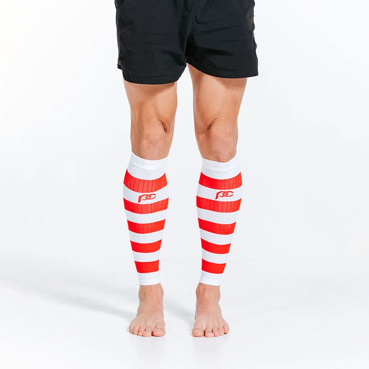Calf Sleeves, White and Red Stripe