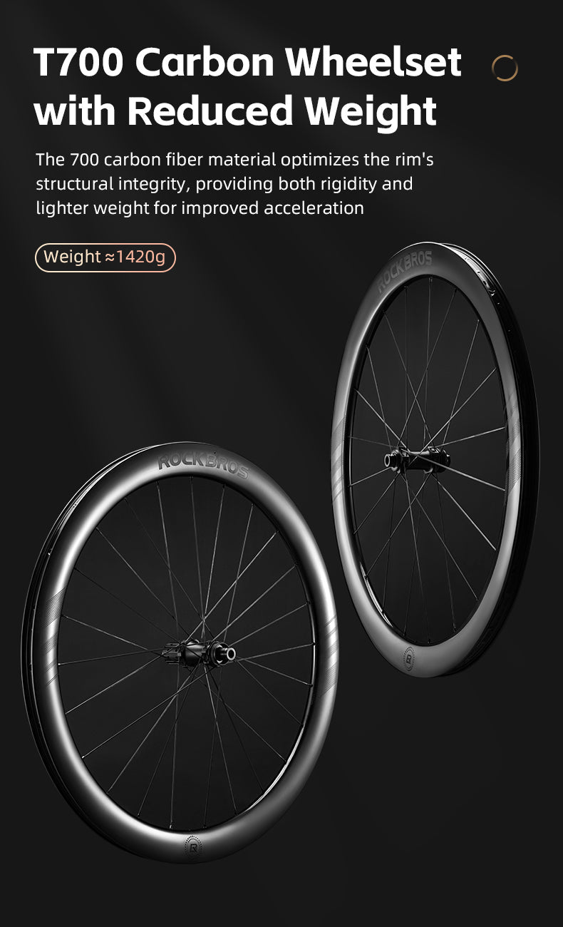 ROCKBROS Road Bike T700 Carbon Fiber Wheelset 50mm Rim Disc Brake Bike Wheels Clincher/Tubeless