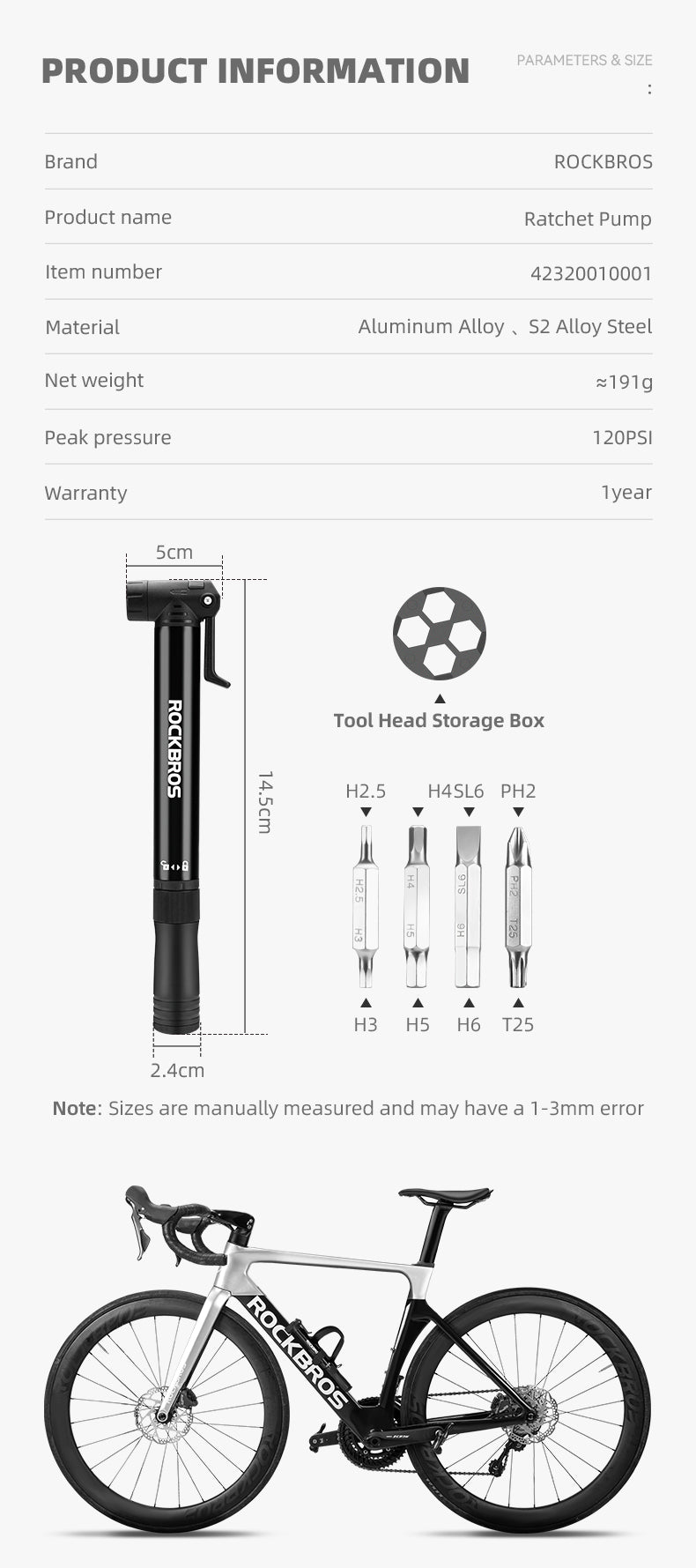 ROCKBROS Bicycle Tire Pump 120PSI MTB Bike Air Inflator Built-in Ratchet Tool