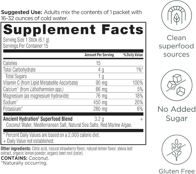 Ancient Nutrition Rapid Hydration Powder, Strawberry Lemonade, Electrolytes from Natural Sea Salts and Red Marine Algae, Supports Rapid Body Hydration and Cellular Health, 15 Servings