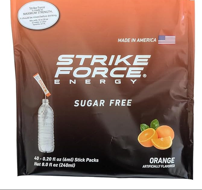Strike Force Energy Drink Mix - Orange Flavor - Natural Tasting Caffeine Drink - Turn Any Drink into a Healthy Energy Drink - Zero Calories, Keto Friendly, Sugar Free, Pre Workout (40 Liquid Packs)