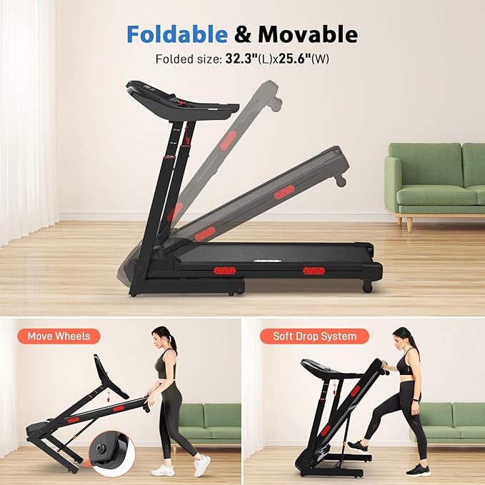 CIIHI Treadmill with Auto Incline - Adjustable Height Handrail 15% Auto Incline Treadmill with 400 lbs Capacity - Foldable Running Machine for Home with APP, Voice Control and Speaker - 8.7 MPH
