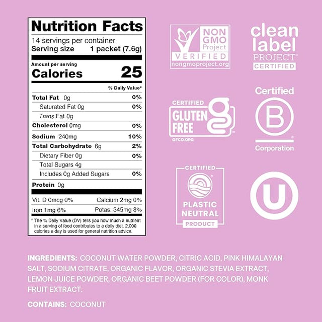 Cure Hydration | Plant-Based Electrolyte Drink Mix | No Added Sugar | FSA-HSA | Dehydration Relief Powder Made with Coconut Water | Non-GMO | Vegan | Pouch of 14 Packets - Watermelon