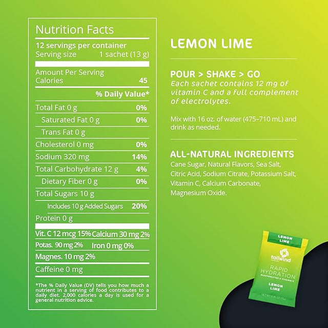 Tailwind Nutrition Rapid Hydration, Electrolyte & Hydration Powder, Vitamin C & Sea Salt Exercise Workout Mix, Lemon Lime, Pack of 12 Sticks