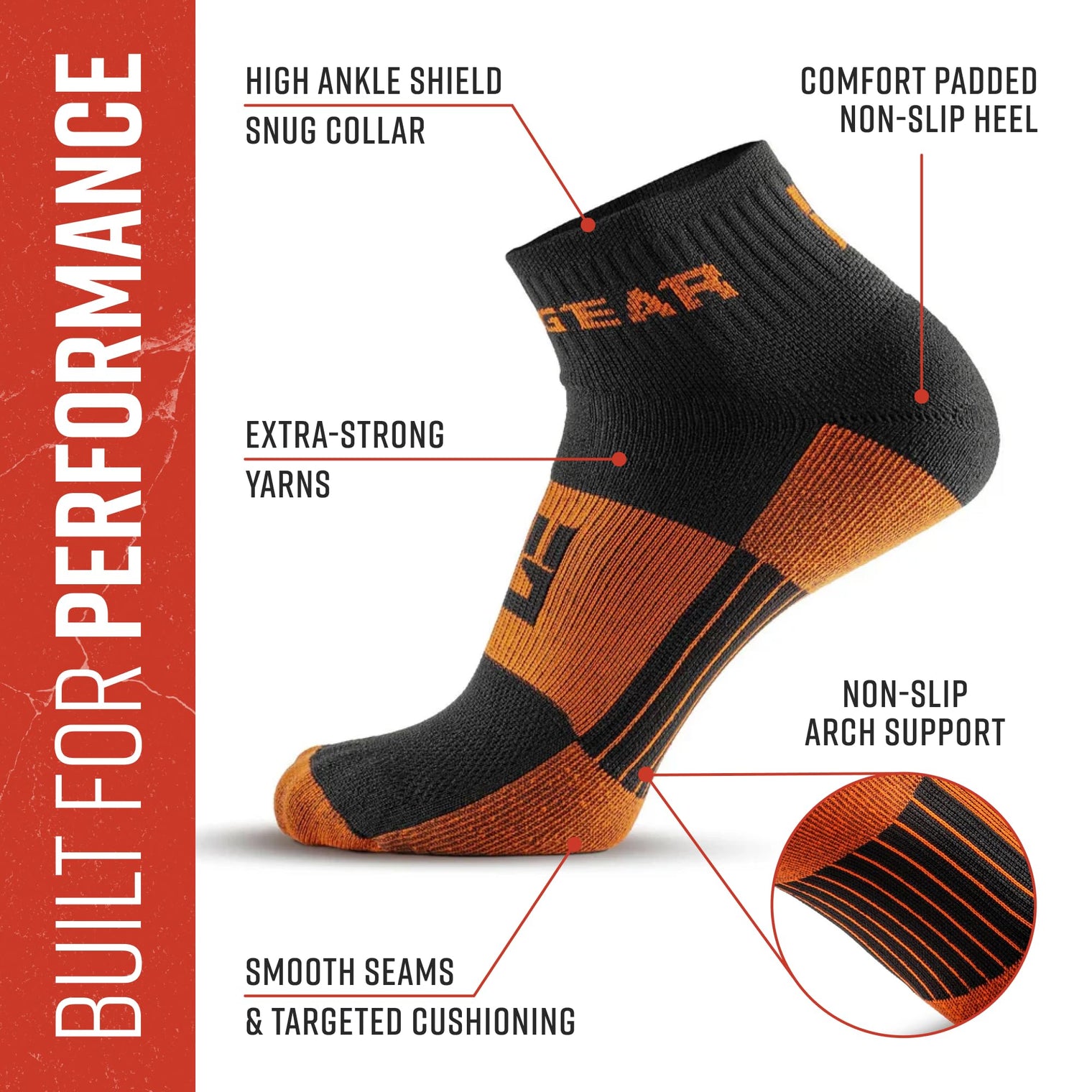 MudGear Quarter (¼) Crew Socks - Black/Orange (2 pair pack)