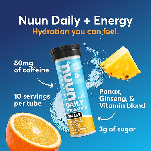 Nuun Energy Electrolyte Tablets with Ginseng, Caffeine from Green Tea Extract, Vitamin B12, B6, B5, Magnesium & 4 Other Electrolytes, Gluten Free & Vegan, Tropical Punch, 8 Pack (80 Servings Total)