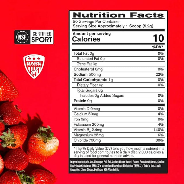 BARE PERFORMANCE NUTRITION BPN Electrolytes Hydration Drink Mix | Sugar Free Electrolyte Powder | 500mg Sodium per Serving | Naturally Sweetened | Strawberry, 50 Servings