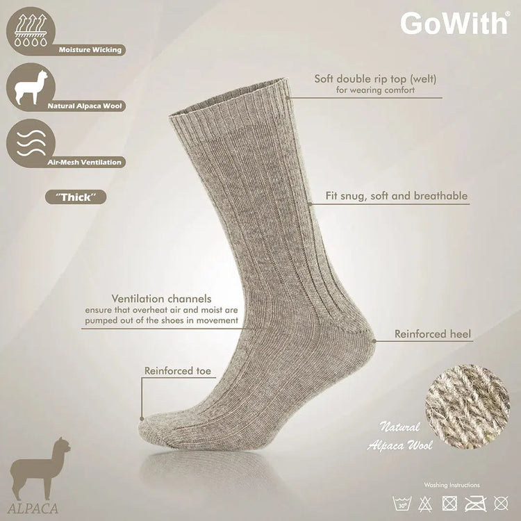 Alpaca Wool Crew Hiking Boot Socks for Men and Women - Ribbed Plain