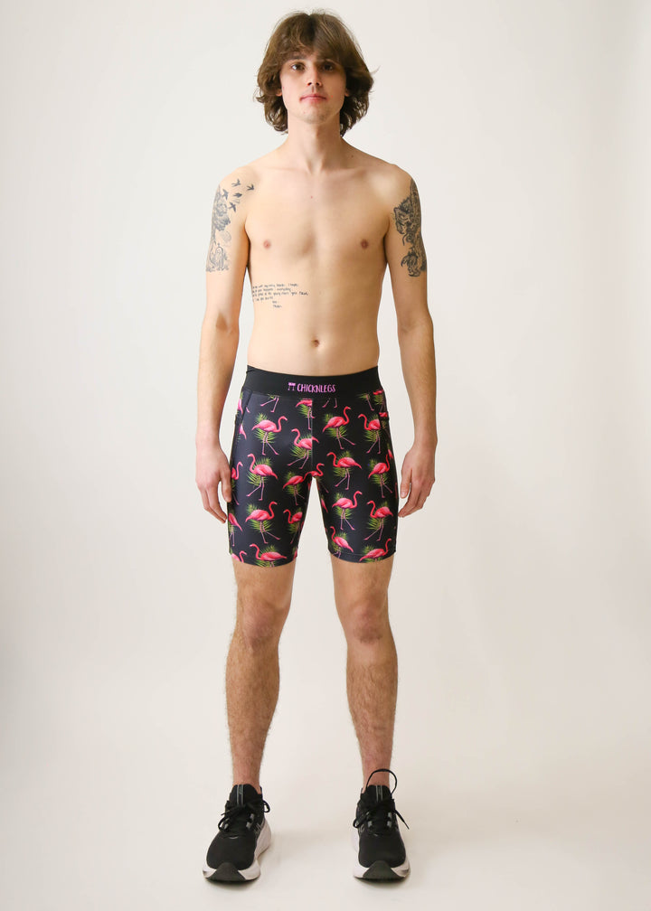 Men's Flamingos 8" Half Tights (Pink on Black) XS S M L XL