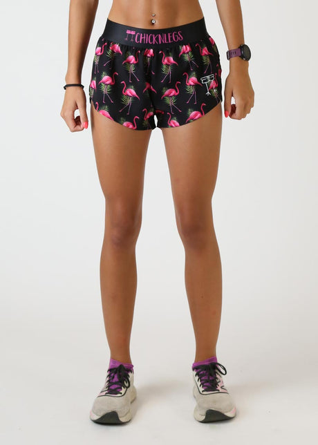 Women's Flamingos 1.5" Split Shorts (Black with Pink)